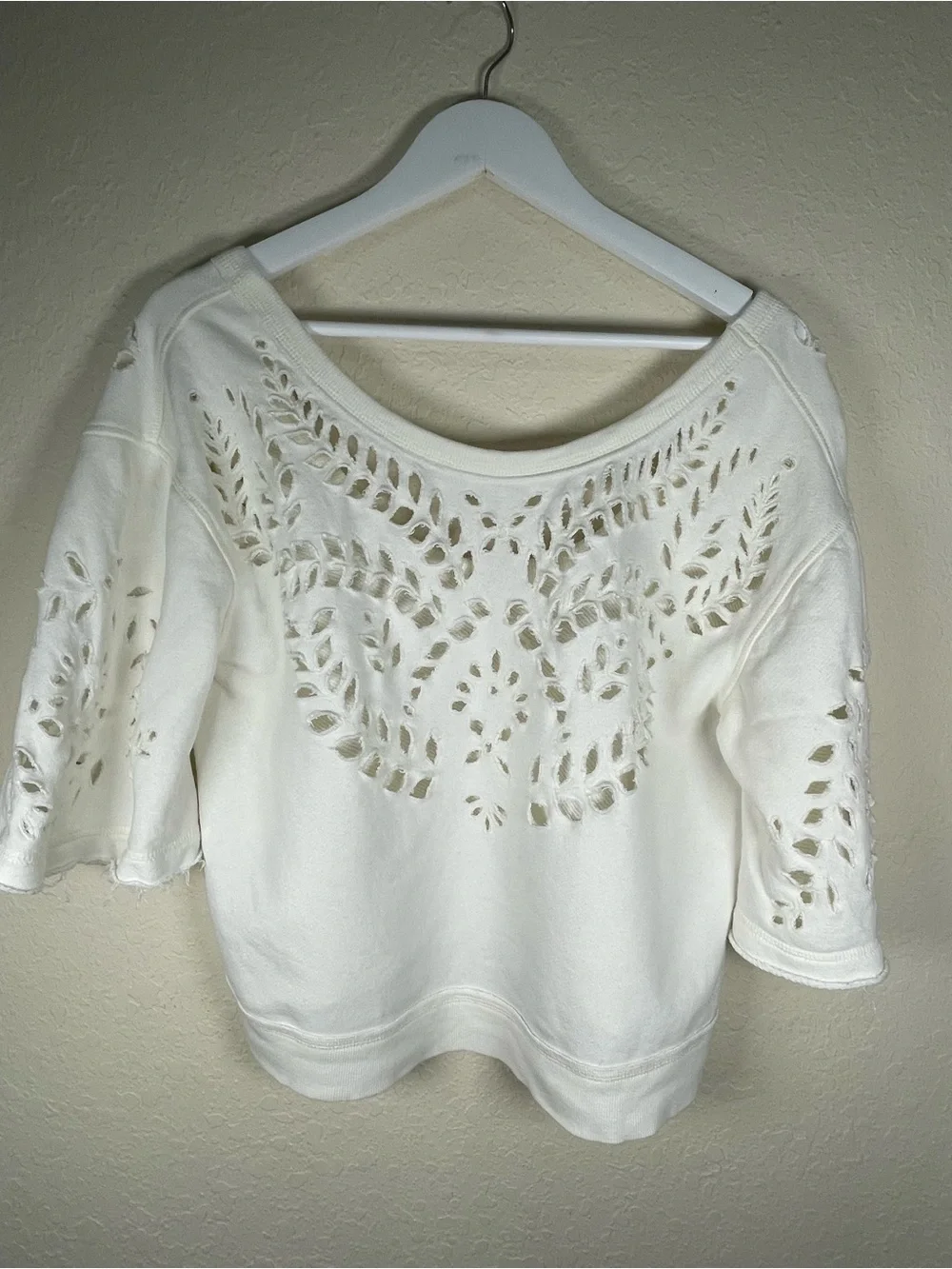 Free People Crumpette Cropped Eyelet Sweatshirt Ivory Boho Cottagecore Small